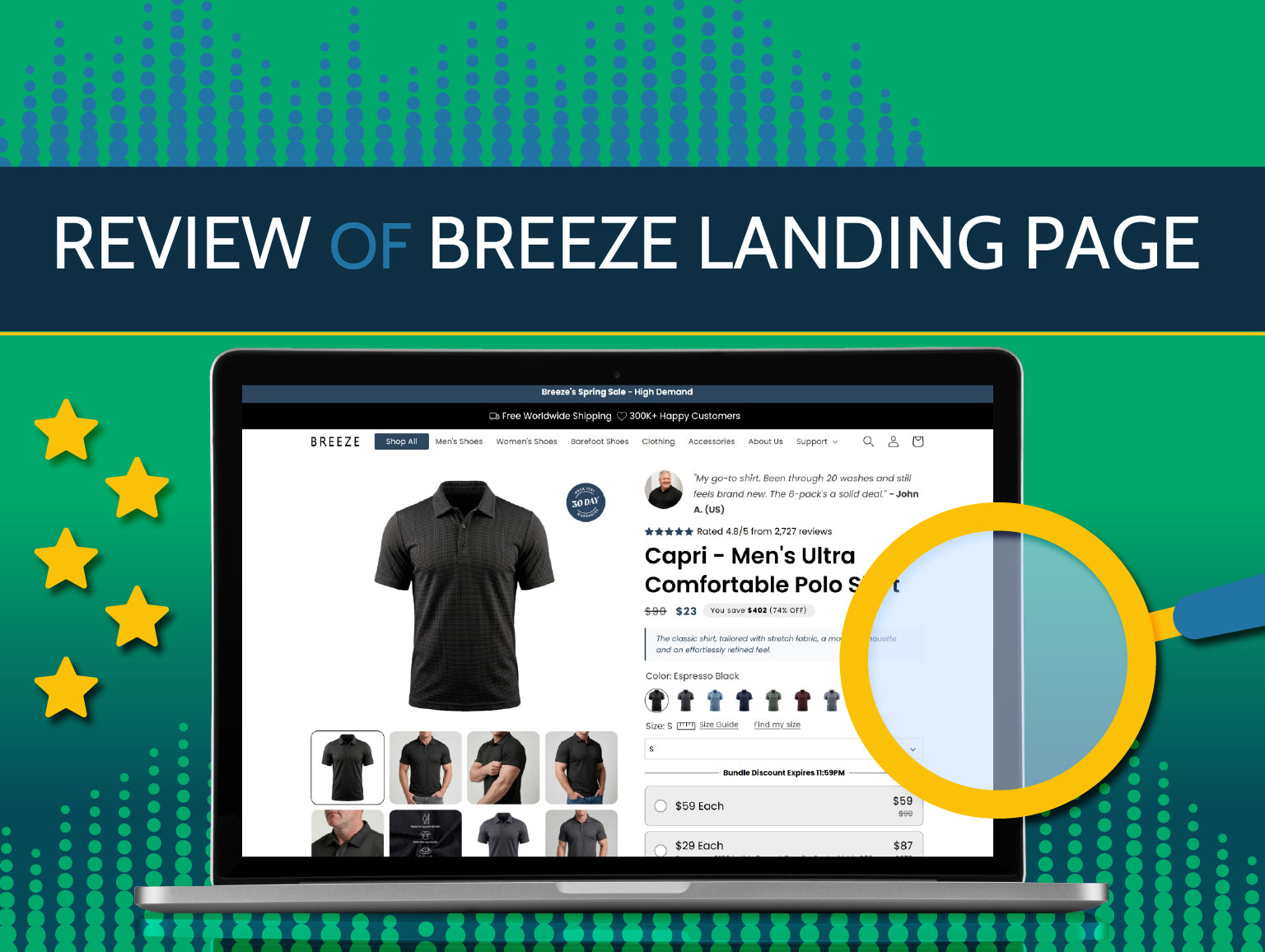 An image of a landing page on a laptop with the wording "Review of Breeze Landing Page" with a magnifying glass and 5 stars.