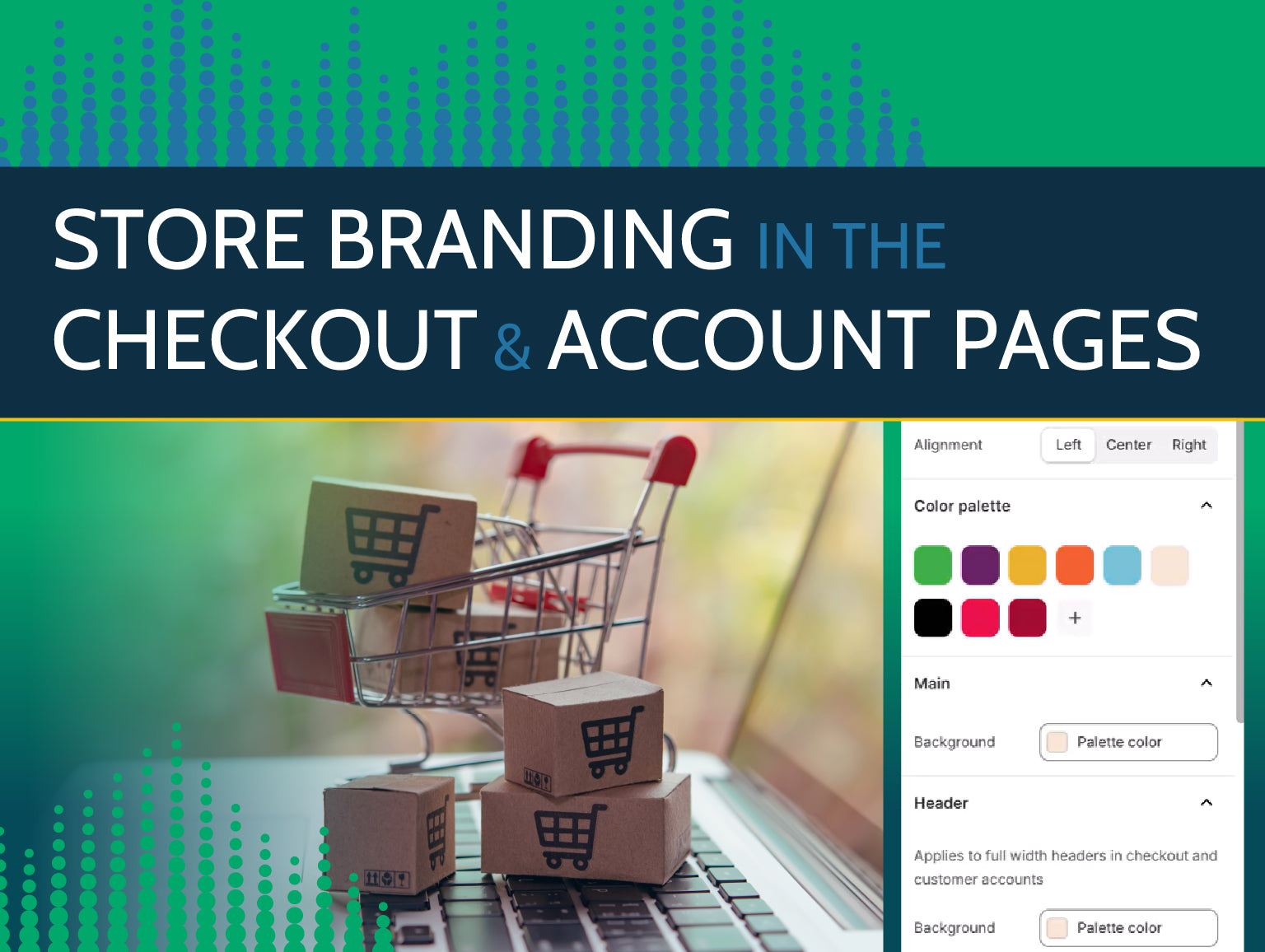 Picture of a small shopping cart with boxes on a laptop with the heading 'Store Branding in the Checkout & Account Pages'