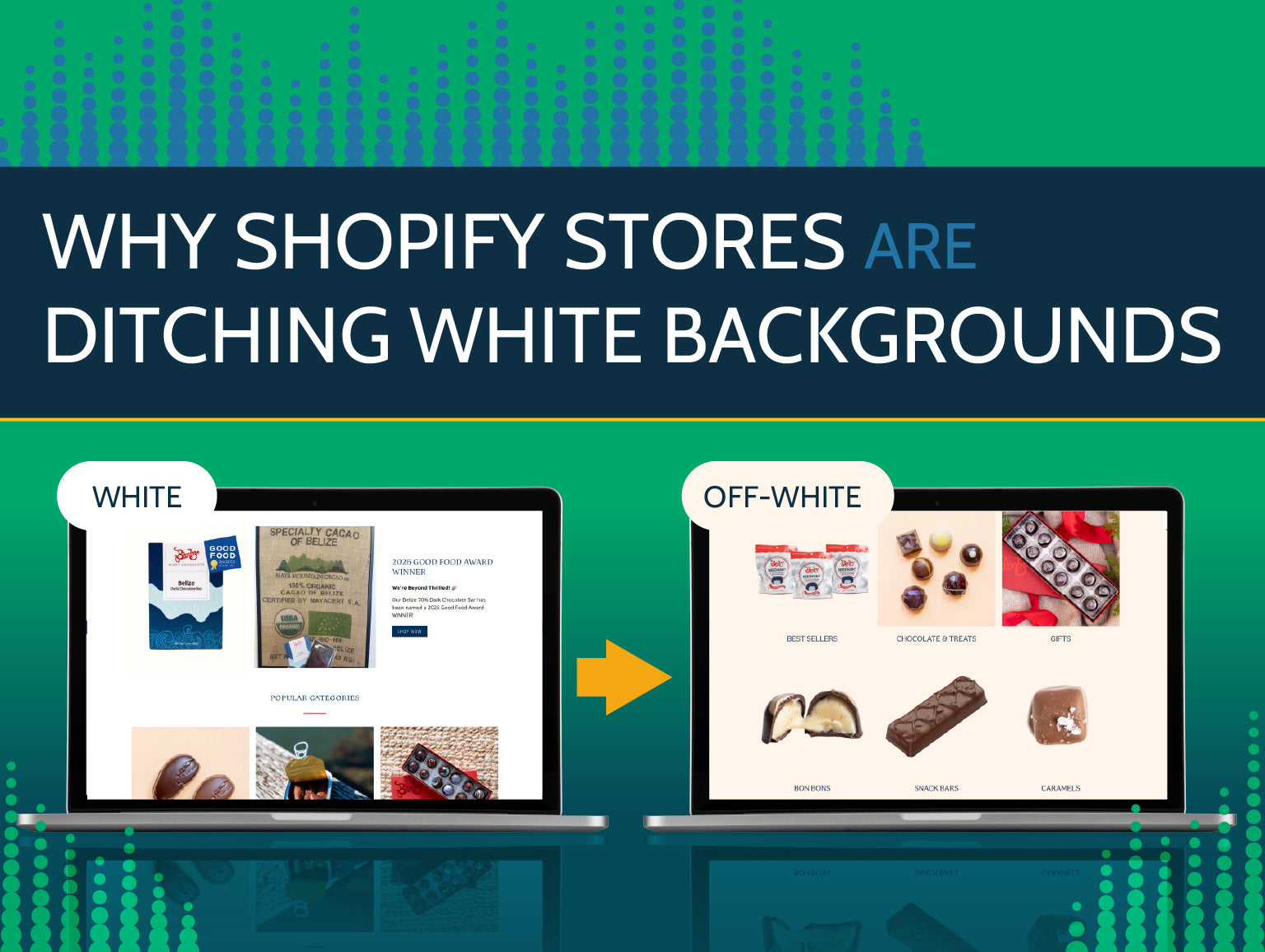 An image of to computers, one screens showing a Shopify store with a white background and the other showing a Shopify store with an off-white background. There are the words 'Why Shopify Stores are Ditching White Backgrounds'