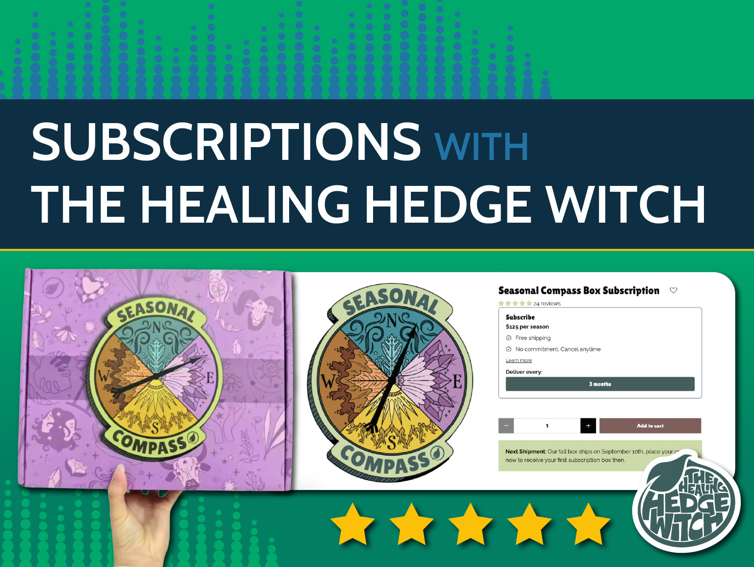 Image with the wording "Subscriptions with The Healing Hedge Witch" with a picture of a subscription box and Shopify listing.