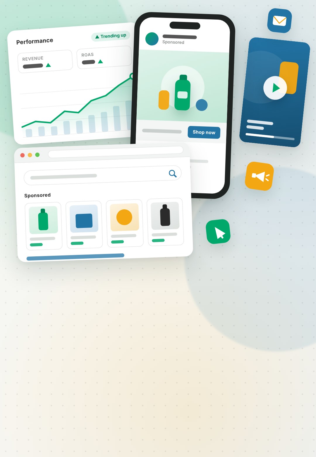 Paid Media banner showing a search ad, a social media ad on a phone, a performance chart trending up and a video ad