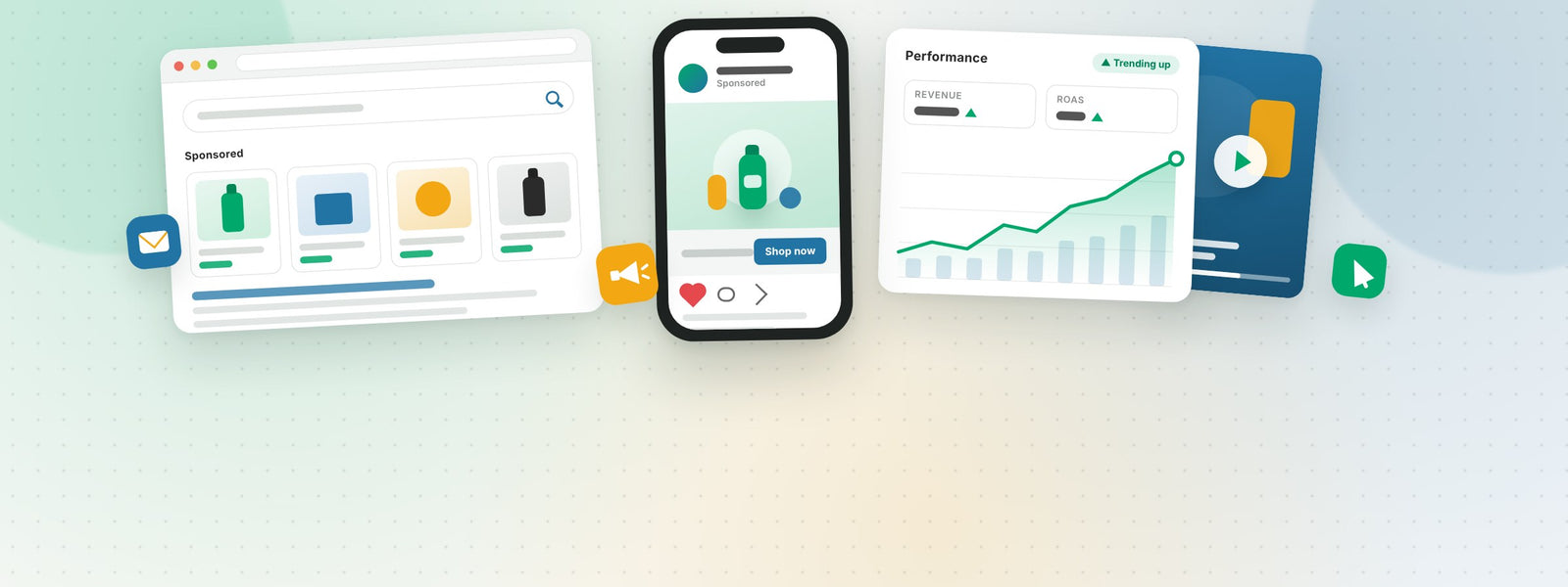 Paid Media banner showing a search ad, a social media ad on a phone, a performance chart trending up and a video ad