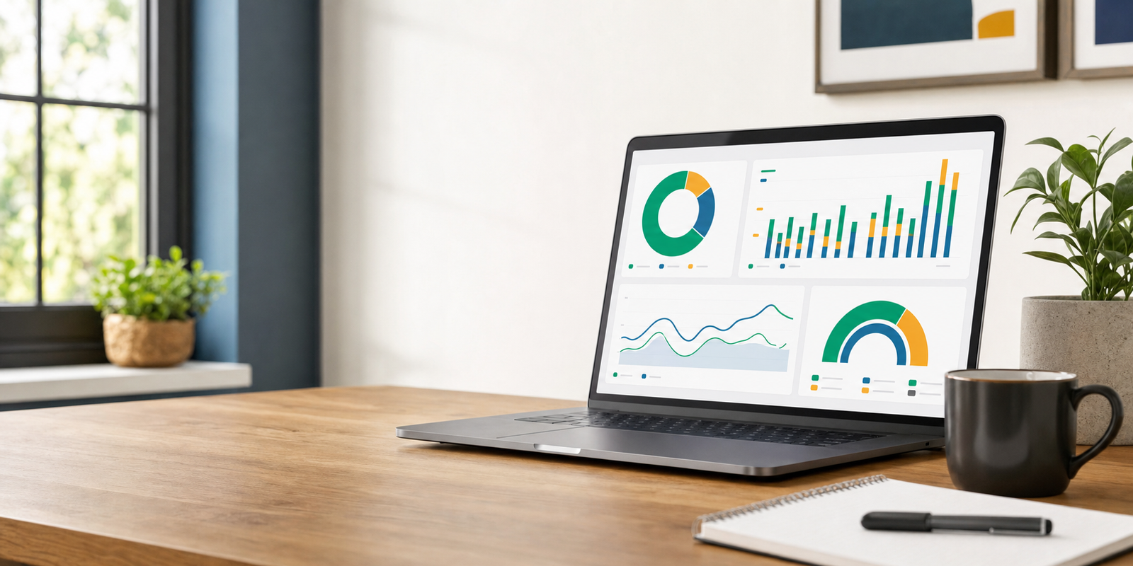 Digital advertising workspace with analytics on laptop screen