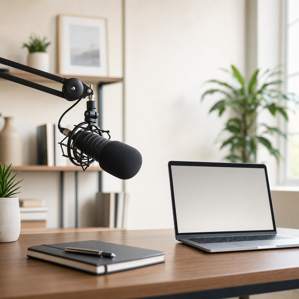 Podcast recording setup with a broadcast microphone on a clean desk